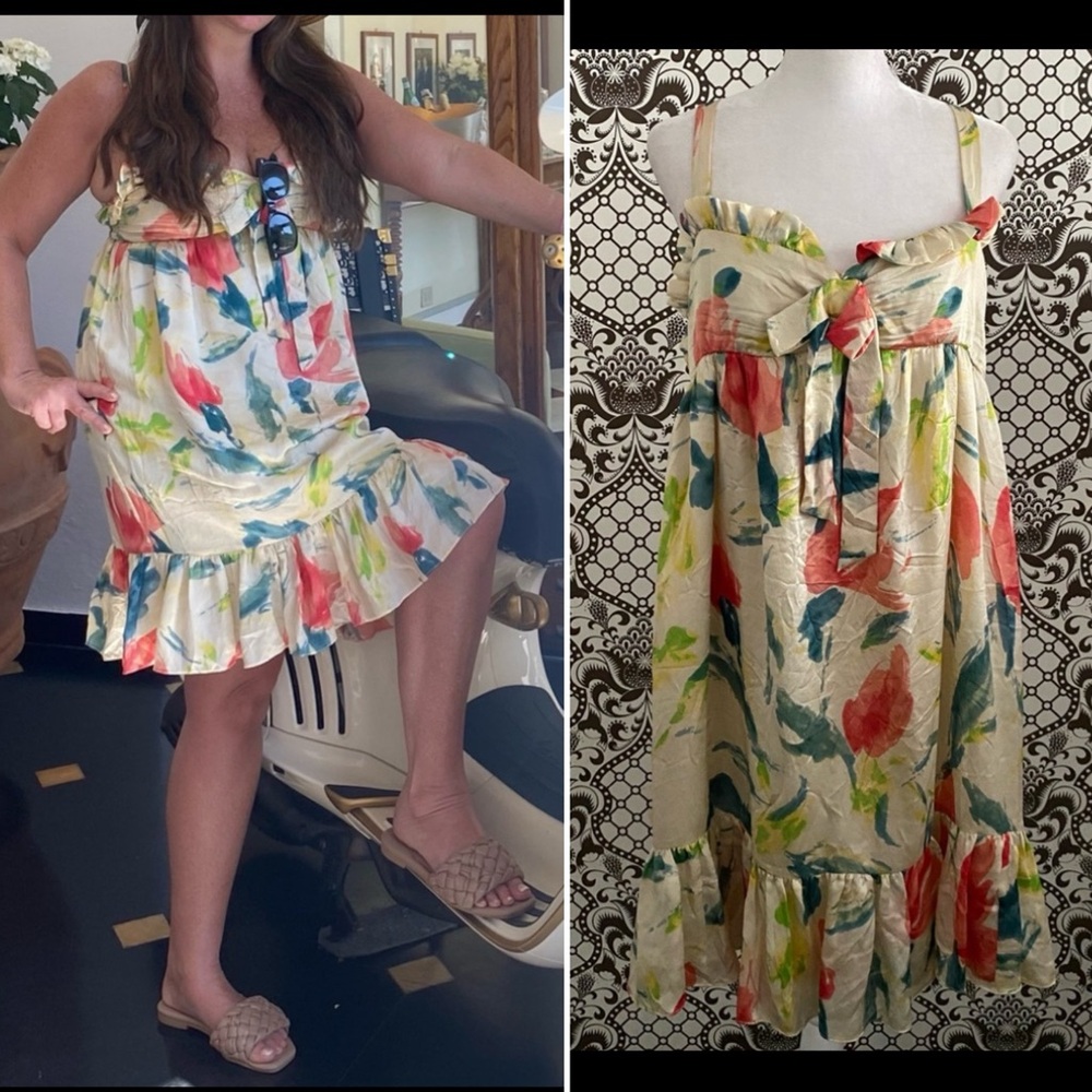 JILL STEWART ✨ silk sweetheart ruffle bohemian floral dress lined | Sz 6